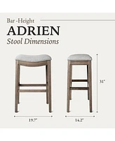 Maven Lane Adrien Saddle Bar Stool in Reclaimed Oak Finish w/ Ash Grey Fabric Upholstery