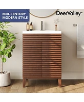 DeerValley 24" Bathroom Vanity with Ceramic Sink Top, Pre-assembled Mid-Century Wood Bathroom Cabinet Walnut