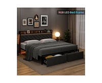 gaomon King Size Led Bed Frame with Headboard and 2 Storage Drawers, Upholstered Platform Bed with Charging Station