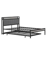 Slickblue Full Size Metal Platform Bed Frame with Twin Trundle, Upholstered Headboard, Usb Ports & Slat Support