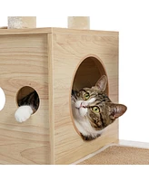 Slickblue Modern Luxury Cat Tree – Wooden Multi-Level Cat Tower Sky Castle with 2 Cozy Condos, Comfortable Perch