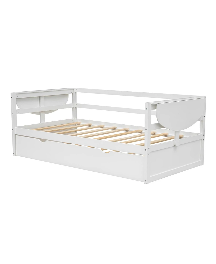 Slickblue Twin Size Daybed with Trundle and Foldable Shelves on Both Sides,White
