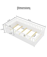 Slickblue Twin Size Montessori Wooden Floor Bed in White – Features Integral Construction with High Security Barrier and Door