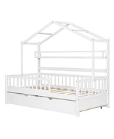 Slickblue Wooden Twin Size House Bed with Trundle and Storage Shelf for Kids