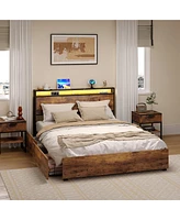 gaomon Queen Bed Frame with Storage Headboard & 4 Drawers, Industrial Wood Platform Bed with Led Headboard and Usb Outlets, Strong Slat Support, Easy