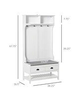 3-in-1 Hall Tree, Entryway Bench with Coat Rack, Mudroom Bench with Shoe Rack, 2 Storage Drawers, 4 Hooks and Padded Seat Cushions for Hallway, White