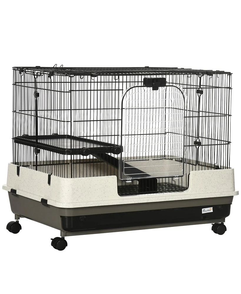 Streamdale Furniture 26" Small Animal Cage with Wheels, 2-Level Portable Bunny Cage, Chinchilla Ferret Cage with Removable Tray, Platform and Ramp