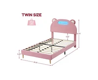 gaomon Twin Bed Frame Upholstered Platform with Led Lights and Headboard, Strong Wooden Slats Support, No Box Spring Needed, Easy Assembly,Noise