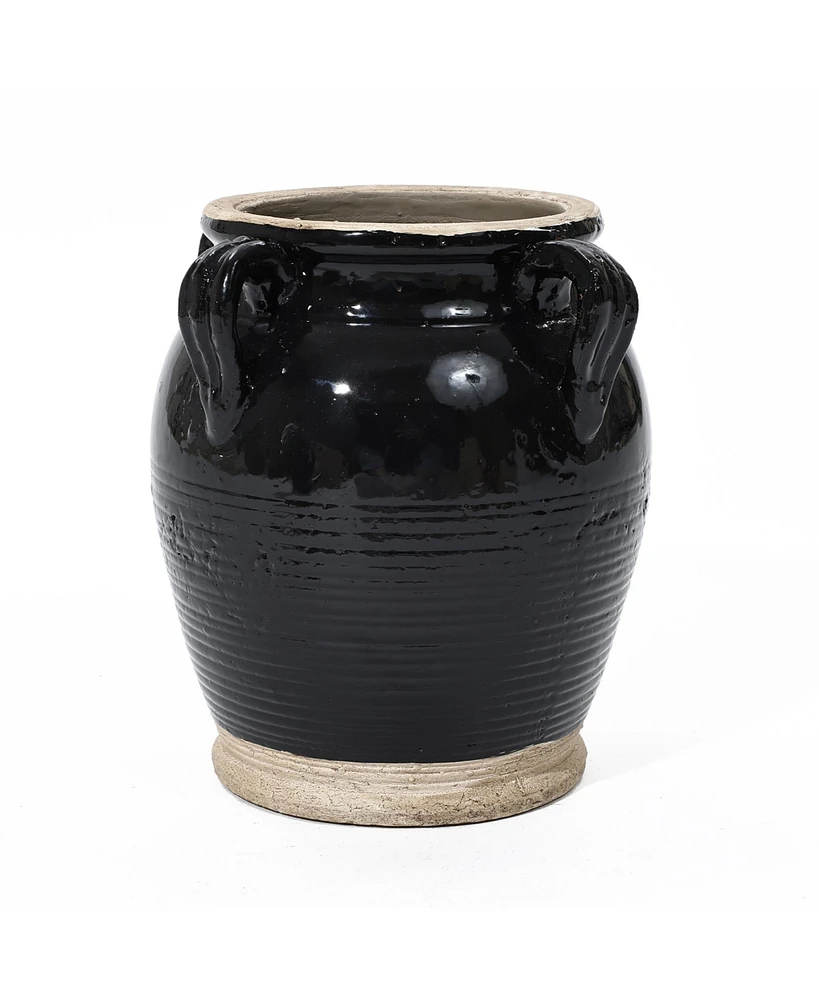 LuxenHome Black Jug Round Terracotta Vase with Two Handles