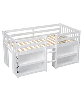 Slickblue Twin Size Low Loft Bed for Kids with Two-Tier Shelves and Led Light Space-Saving Furniture Solution