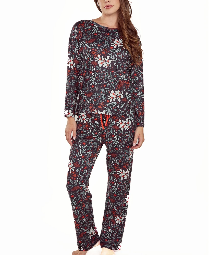 iCollection Women's Ultra Soft Floral Print Top and Pant Pajama Set