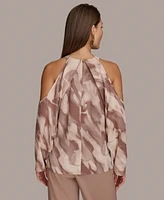Donna Karan New York Women's Long Sleeve Printed Cold-Shoulder Top