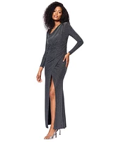 Betsy & Adam Women's Metallic Asymmetric Long-Sleeve Gown