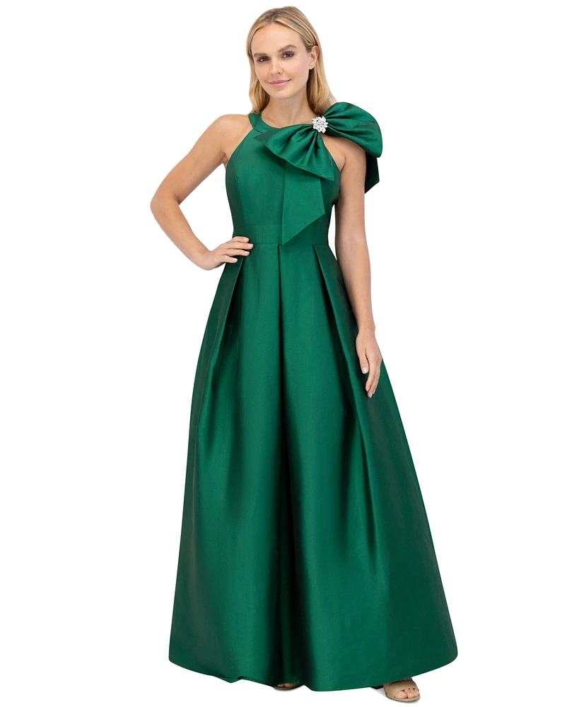 Eliza J Women's Bow-Trim Halter Pleated Taffeta Gown