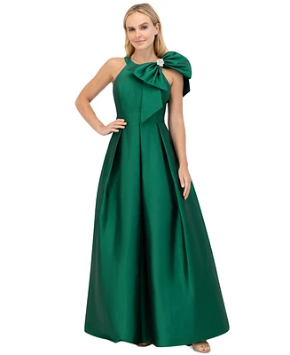 Eliza J Women's Bow-Trim Halter Pleated Taffeta Gown