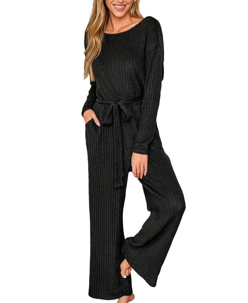 Cupshe Women's Black Long Sleeve Back Button Straight Leg Jumpsuit