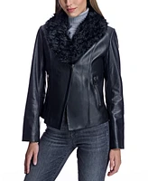 Julia & Stella by Maximilian Women's Leather Jacket with Curly Lamb Collar