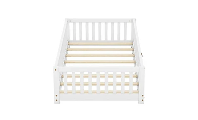 Slickblue Twin Size Bed Floor Bed with Safety Guardrails and Door for Kids