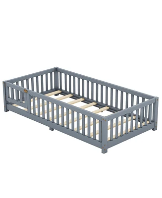 Slickblue Twin Bed Floor with Safety Guardrails and Door for Kids