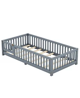 Slickblue Twin Bed Floor with Safety Guardrails and Door for Kids