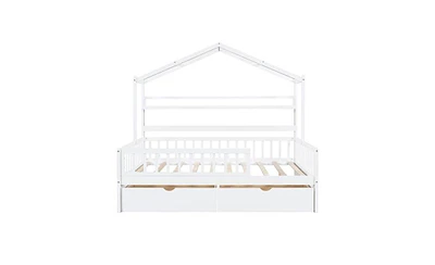 Slickblue Wooden Full Size House Bed with 2 Drawers,Kids Bed with Storage Shelf, White