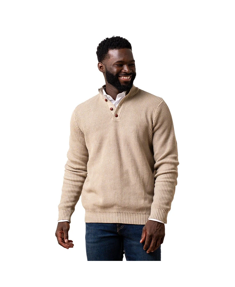 Hope & Henry Men's Organic Mock Neck Mix Stitch Button Sweater with Elbow Patches