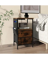 Gymax 2PCS Nightstand with Charging Station Industrial Bedside Table w/ 2 Drawers
