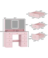 Famapy Pink Modern Makeup Vanity Desk 9-Drawers Wood Dressing Table with 3 Mirrors, Hidden Storage Shelves, Led Lighted Lights