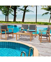 Sugift 4 Pieces Outdoor Patio Rattan Furniture Conversation Sets with Acacia Wood Frame