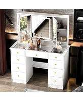 Homsee White Makeup Vanity Desk 9 Drawers Wood Dressing Table With 3 Mirrors, Glass Top, Hidden Storage Shelves, Led Lighted