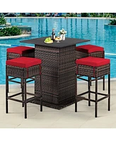 Skonyon 5 Pieces Patio Rattan Bar Furniture Set with Cushions and Hidden Storage Shelf