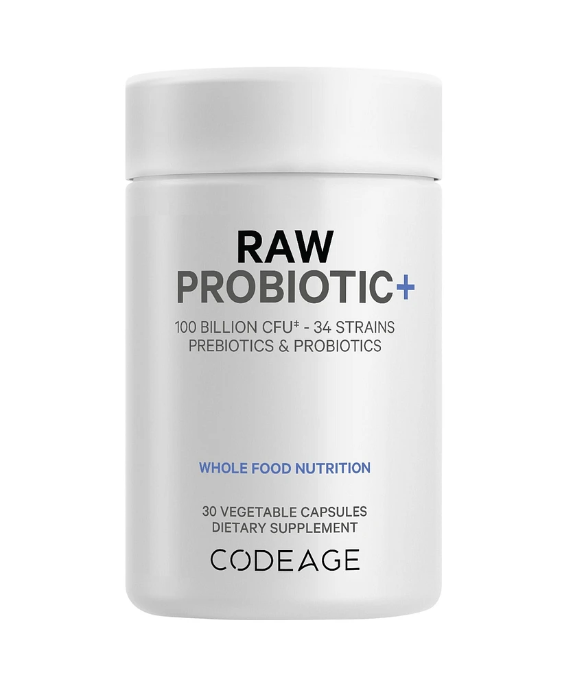 Codeage Raw Probiotic+ Supplement 100 Billion Cfu, 34 Strains with Digestive Enzymes, Raw Fruits & Veggies Prebiotics - Wild Kefir Culture - Non-gmo