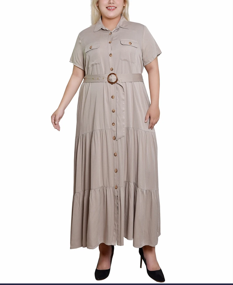 Ny Collection Plus Size Short Sleeve Midi Twill Dress