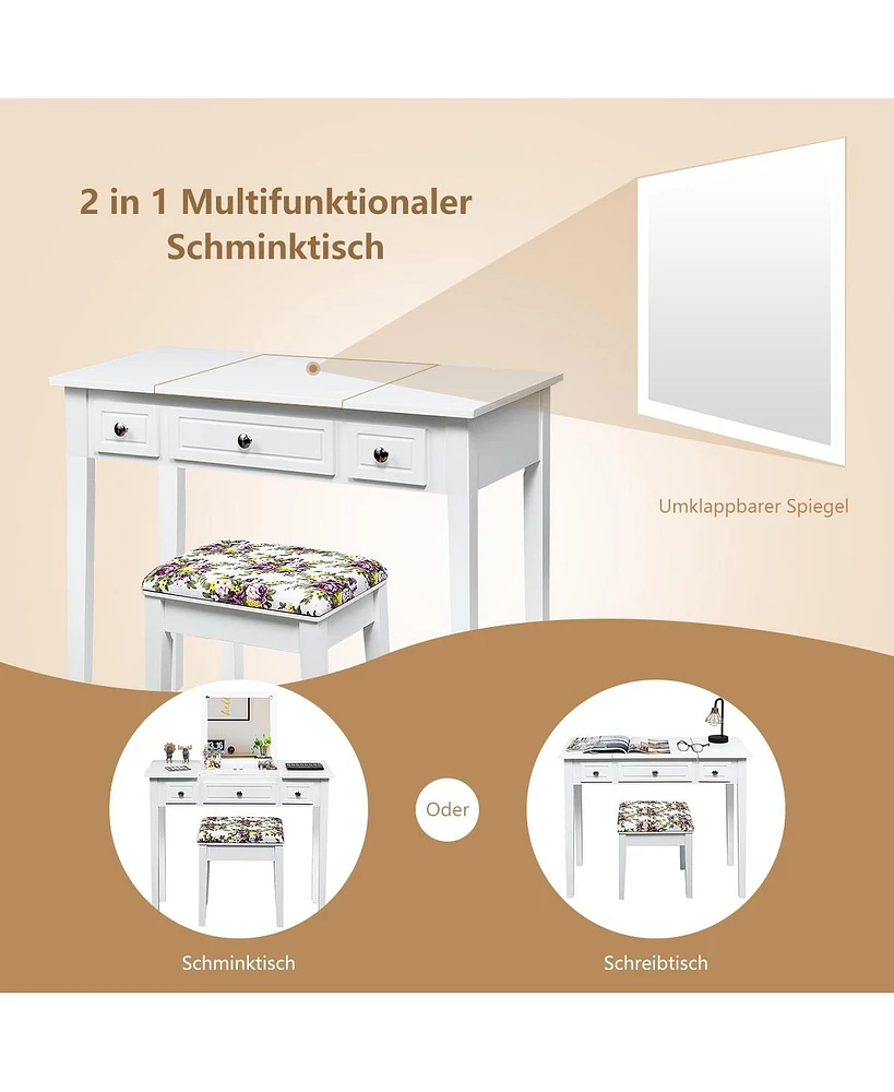 Sugift Vanity Dressing Table Set with Flip Top Mirror and 3 Drawers