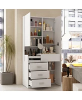 Famapy White Makeup Vanity Desk Wood Dressing Table With Sliding Top, Full-Length Mirror, Hidden Shelves, Drawers, Led Lights