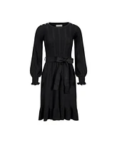 Hope & Henry Women's Organic Long Sleeve Flounce Edge Cable Sweater Dress