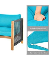 Sugift 4 Pieces Acacia Wood Sofa Set with Cushions for Outdoor Patio-Blue