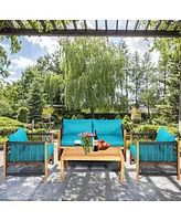 Sugift 4 Pieces Acacia Wood Sofa Set with Cushions for Outdoor Patio-Blue