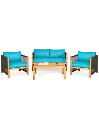 Sugift 4 Pieces Acacia Wood Sofa Set with Cushions for Outdoor Patio