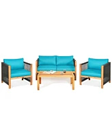 Sugift 4 Pieces Acacia Wood Sofa Set with Cushions for Outdoor Patio