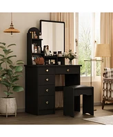 Famapy 5-Drawers White Makeup Vanity Table Wooden Dressing Desk With Mirror and 3-Tier Storage Shelves