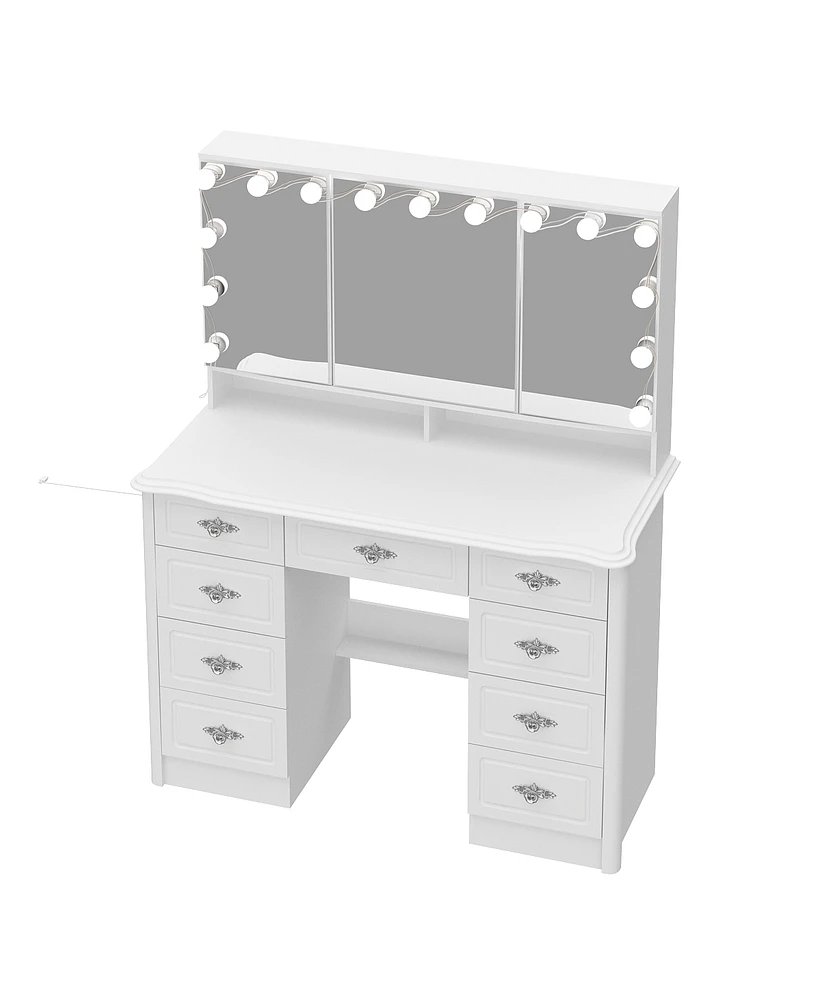 Famapy White Makeup Vanity Table Dressing Desk W/3-Mirrors,Lighted Mirror, Drawers, Hidden Storage Shelves Carved Metal Handles