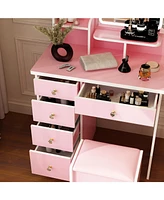 Homsee 5-Drawers Pink Makeup Vanity Sets Dressing Table with Stool, Mirror, Led Light and 3-Tier Storage Shelves