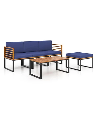 Sugift 5-Piece Patio Acacia Wood Chair Set with Ottoman and Coffee Table