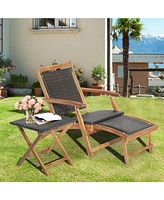 Inolait 2 Pieces Patio Rattan Folding Lounge Chair with Acacia Wood Table