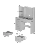 Famapy 5-Drawers White Wood Makeup Vanity Table Dresser Sets Dressing Desk with Led Mirror and Open Shelves