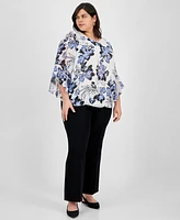 Kasper Plus Floral Ruffle-Sleeve Blouse