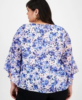 Kasper Plus Floral-Print Ruffled Blouse