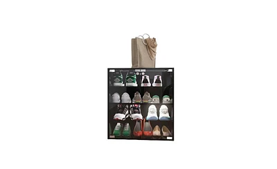 Slickblue 4 Layers Black Shoe Cabinet with Glass Door and Glass Layer Shoes Display Cabinet with Led light Bluetooth Control