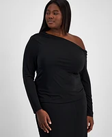 Bar Iii Trendy Plus Printed Asymmetric Drape Top, Exclusively at Macy's